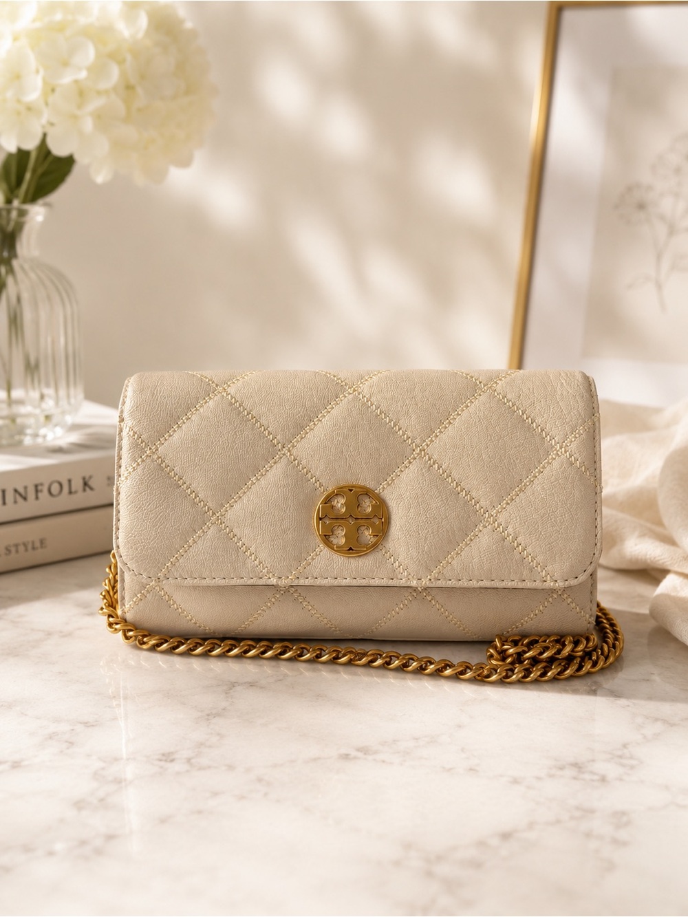 Quilted Beige Chain Crossbody Bag with Gold Accent